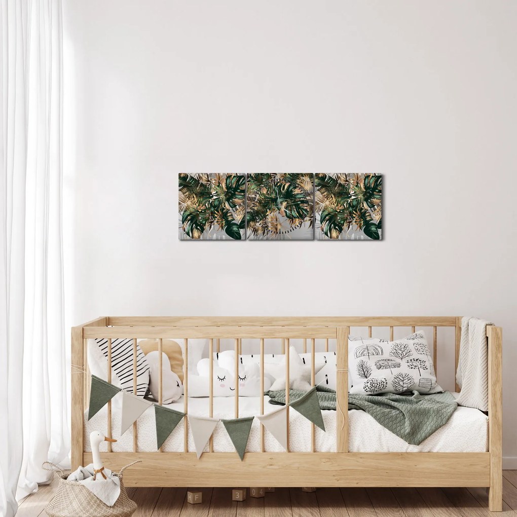 Tablou - Frunze tropicale, Galben - auriu (cu ceas) (90x30 cm)