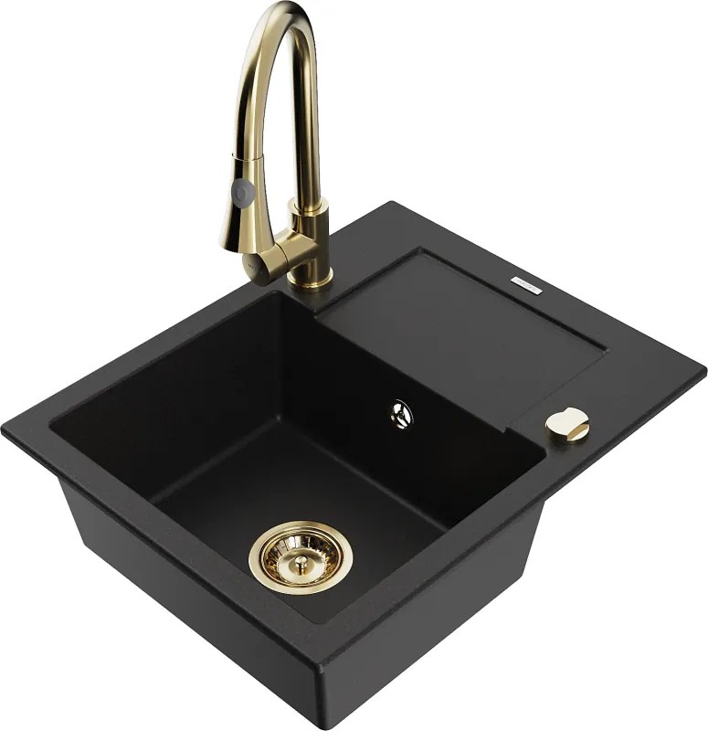 Mexen Enzo chiuvetă din granit cu 1 compartiment și scurgător și baterie de bucătărie Elia, negru - 6506-77-670101-50