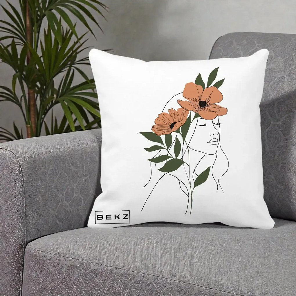 Perna Decorativa Portret Feminin Doua Maci Terracotta, 40x40 cm, Alba Mata, Husa Detasabila, Perna Inclusa, BEKZ®