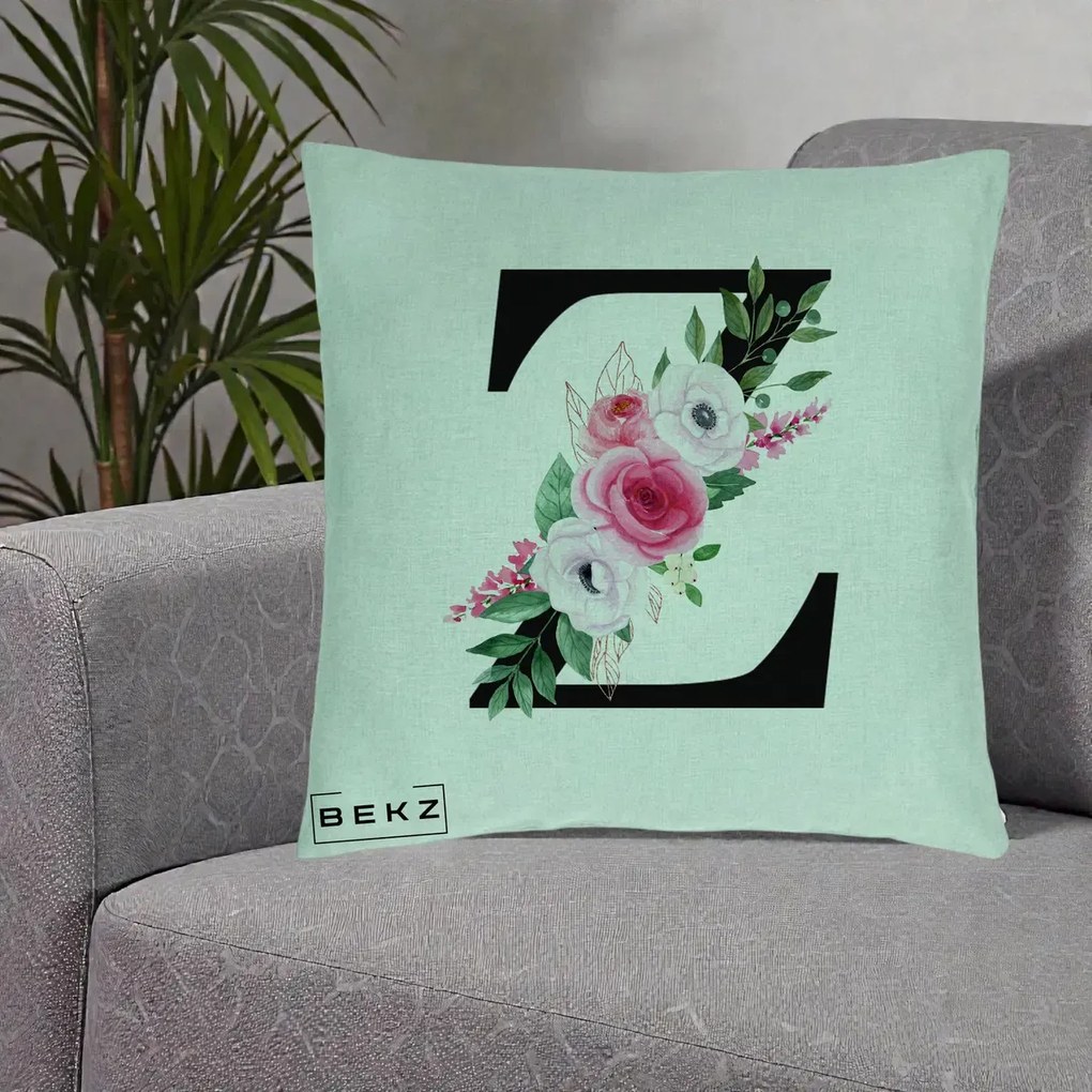 Cadou Personalizat - Perna Personalizata Monograma Florala Litera Z cu Buchet, 40x40 cm, Verde Menta, Husa Detasabila, Perna Inclusa, BEKZ®