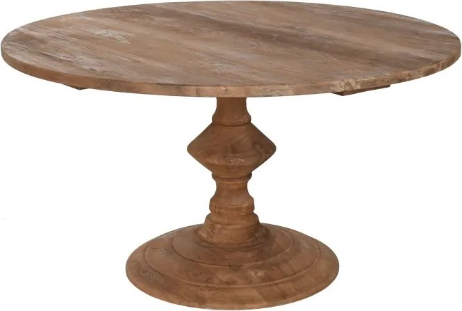 Masă dining rotundă din lemn de tec reciclat, natur, blat din scânduri îmbinate și picior central sculptat, finisaj natural, 75 x 140 cm, „Mireille”