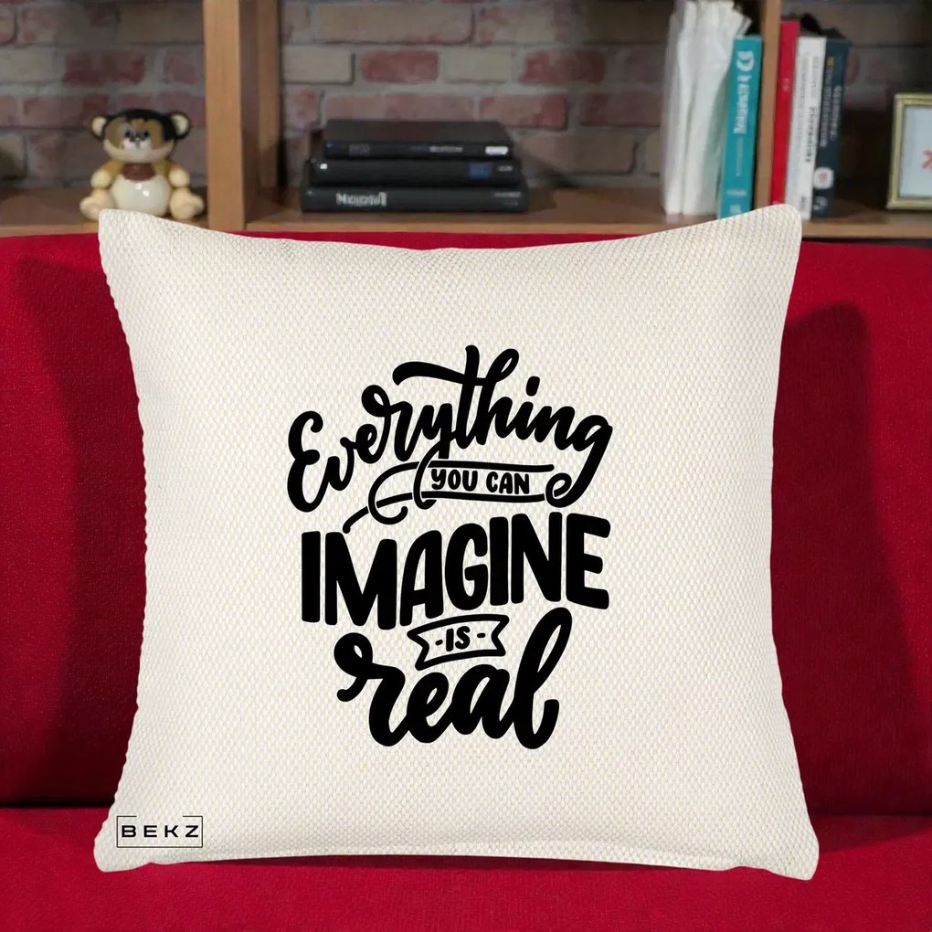 Perna Decorativa Everything You Can Imagine Is Real, 40x40 cm, Crem Reliefat, Husa Detasabila, Perna Inclusa, BEKZ®