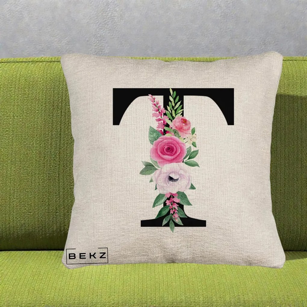 Cadou Personalizat - Perna Personalizata Monograma Florala Litera T, 40x40 cm, Bej Canapea, Husa Detasabila, Perna Inclusa, BEKZ®