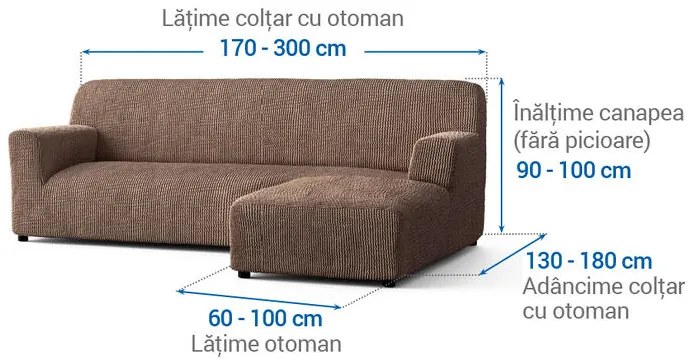 Huse bielastice COSTINA alunei canapea cu otoman dreapta (l. 170 - 300 cm)