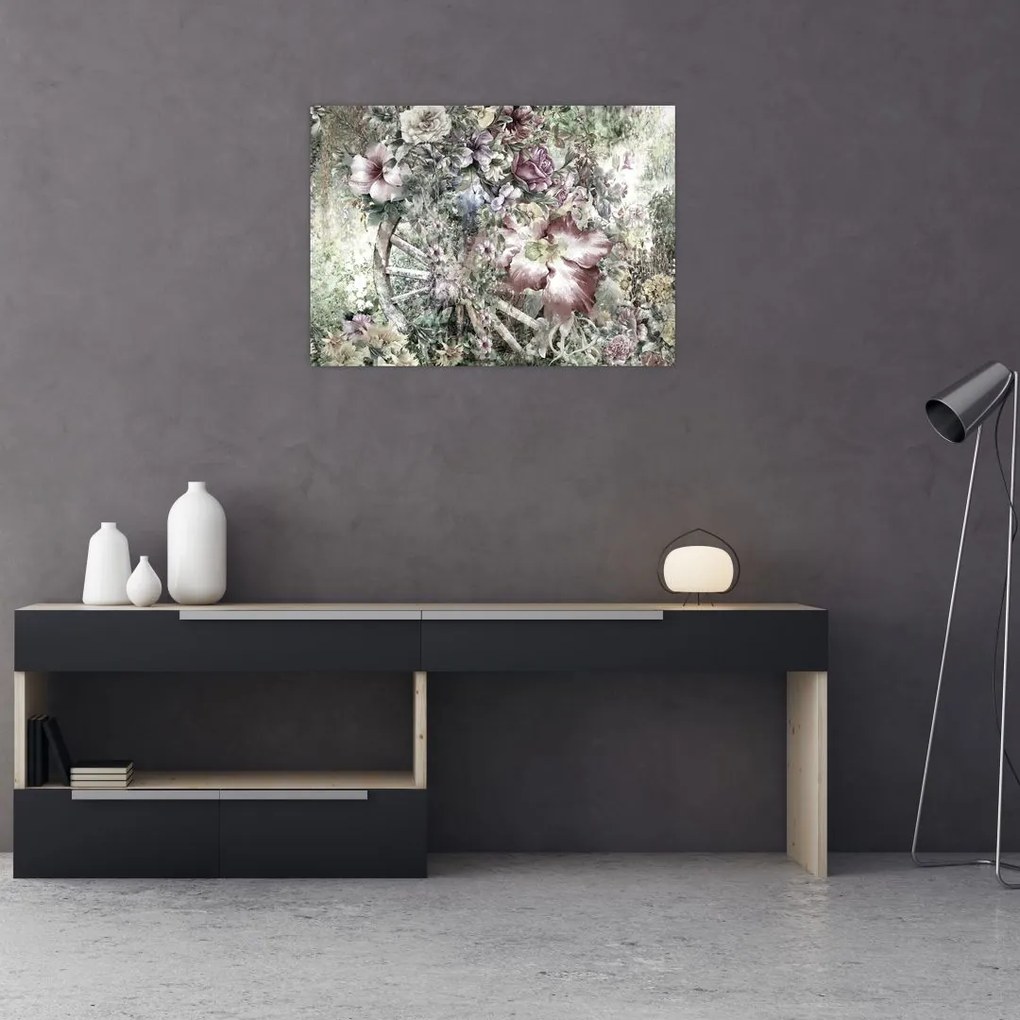 Tablou pe sticlă - Flori pe roata de lemn (70x50 cm)
