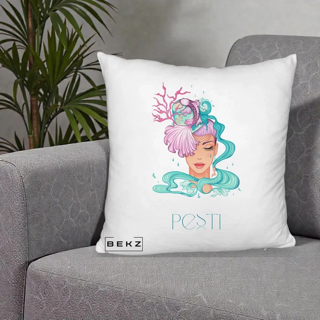 Perna Personalizata Zodiac Pesti Cowgirl, 40x40 cm, Alb Pufos, Husa Detasabila, Perna Inclusa, BEKZ®