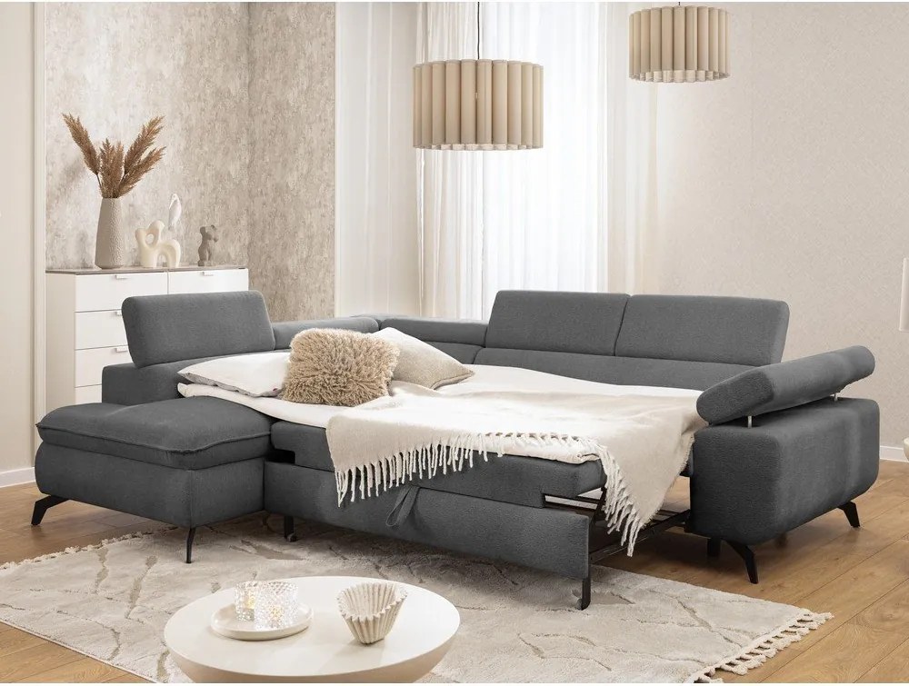 Colțar gri cu tapițerie din chenille (cu colț pe partea stângă/în formă de ”L”) Marbeya – Ropez