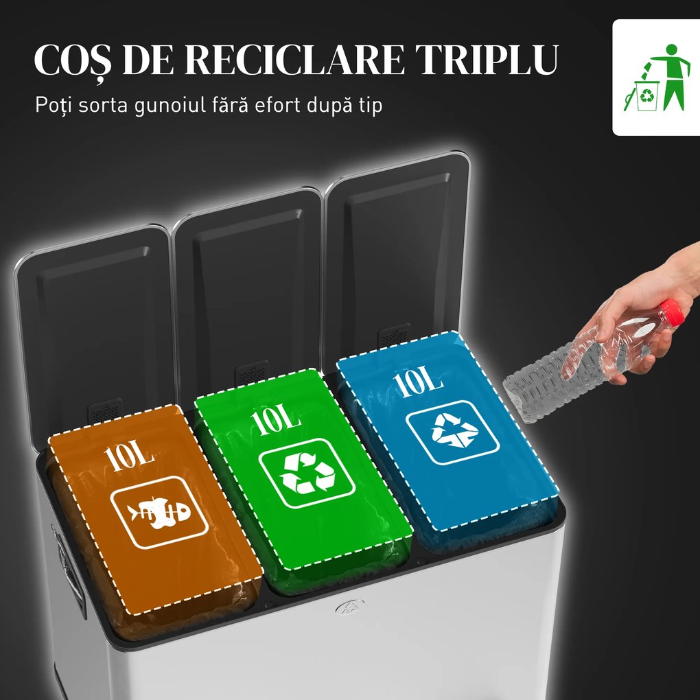 HOMCOM Coș de Gunoi cu 3 Compartimente de 20L, Cu Pedală, Capace cu Închidere Silențioasă, Oțel Inoxidabil și PP, 61,9x36,6x56,7 cm, Argintiu | Aosom Romania