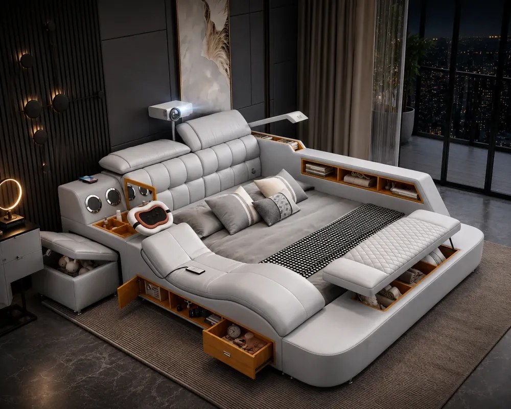 MOBLUX03 Luxury 180x200 cm Light Grey Right Chaise – Pat Inteligent Premium cu Proiector, Vibromasaj, Boxe Bluetooth, Încărcare Wireless și Spații Multiple de Depozitare