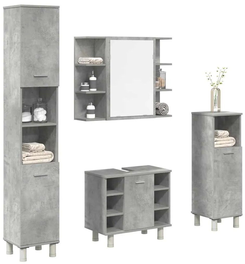 vidaXL Set mobilier de baie, 4 piese, gri beton, lemn compozit