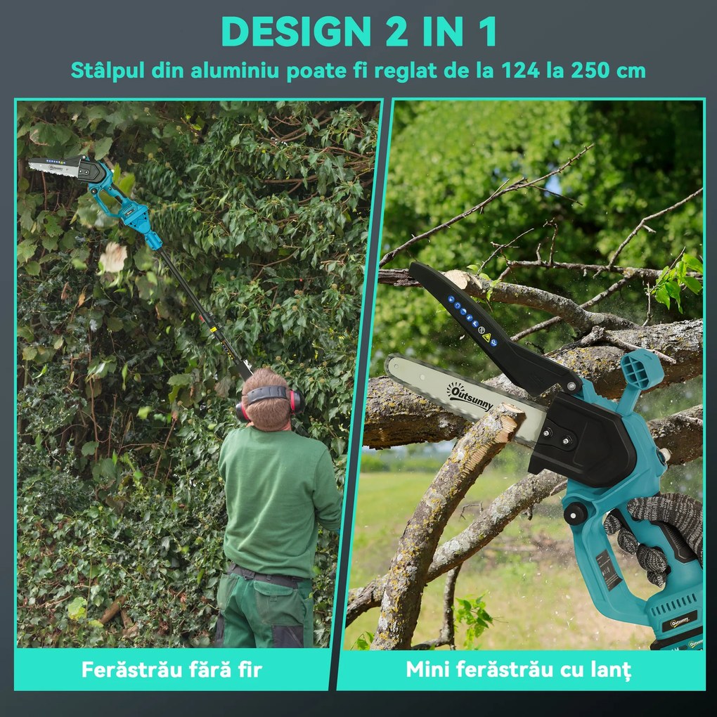 Outsunny Ferăstrău cu Acumulator 2 în 1 cu Tijă Telescopică și Motor Brushless Albastru | Aosom Romania