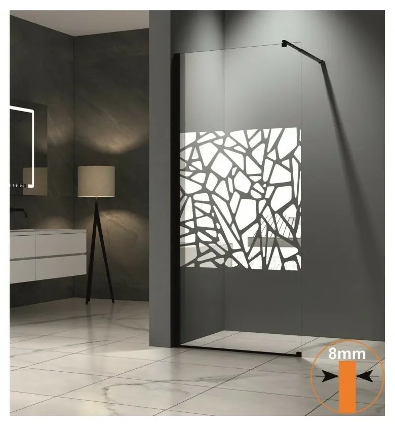 Paravan de dus tip Walk-In Inter Ceramic profil negru - sticla transparenta+elemente albe 70x200 cm