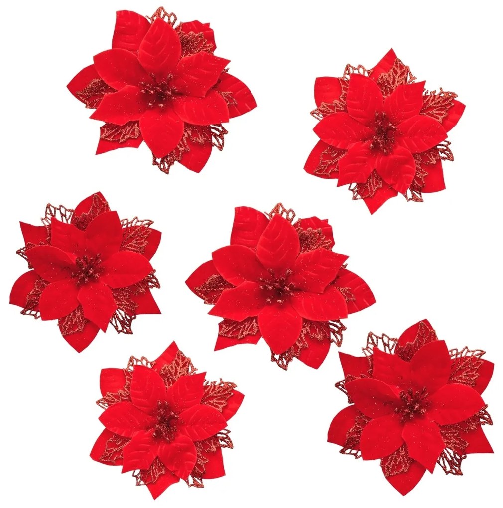 Decorațiuni de Crăciun Poinsettia cu clește roșu,set de 6 bucăți