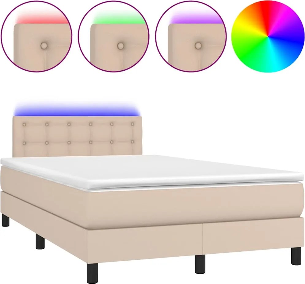 vidaXL Pat cu arcuri, cu saltea și LED cappuccino 120x190 cm piele eco