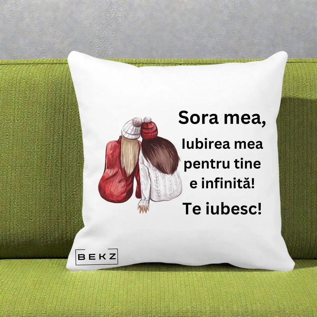 Cadou pentru Sora - Perna Personalizata Sora Mea Te Iubesc Doua Fete Iarna Acuarela, 40x40 cm, Alba Mata, Husa Detasabila, Perna Inclusa, BEKZ®