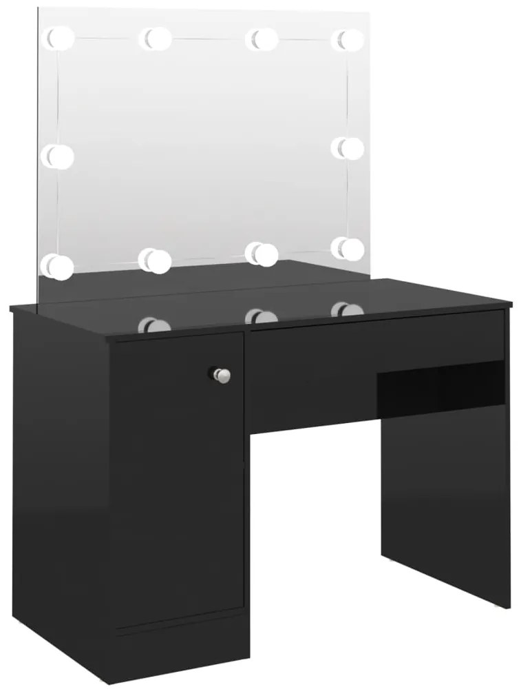 331549 vidaXL Masă de machiaj cu lumini LED, negru lucios, 110x55x145 cm, MDF