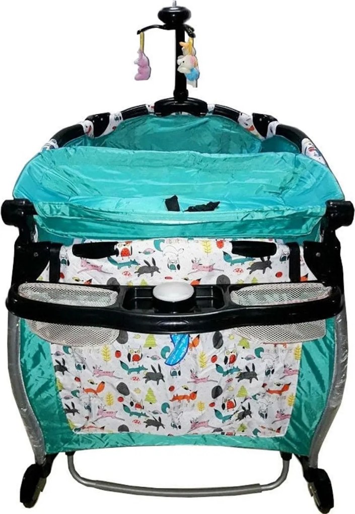 Patut Pliant rotund cu balansoar, Tarc copii Baby Care™ ROUND NEST, Pliabil pe 2 Niveluri cu muzica si Masa infasat, Jucarie Carusel cu jucarii din