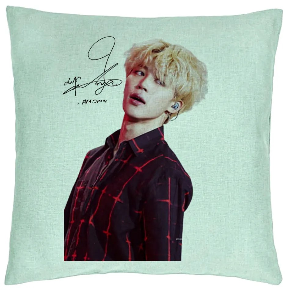 Perna Decorativa BTS Jimin 2, 40x40 cm, Verde Menta, Husa Detasabila, Burduf