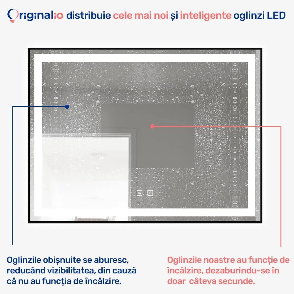 Oglindă LED Dreptunghiulară (80x60 cm), 3 Moduri Iluminare (Lumină Rece, Naturală, Caldă), Intensitate Reglabilă, Funcție Dezaburire, Ramă Aluminiu, Control Tactil (Touch)