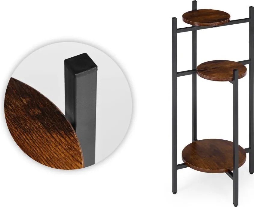 Suport pentru flori Loft - raft cu 3 etaje cu rafturi rotunde din lemn