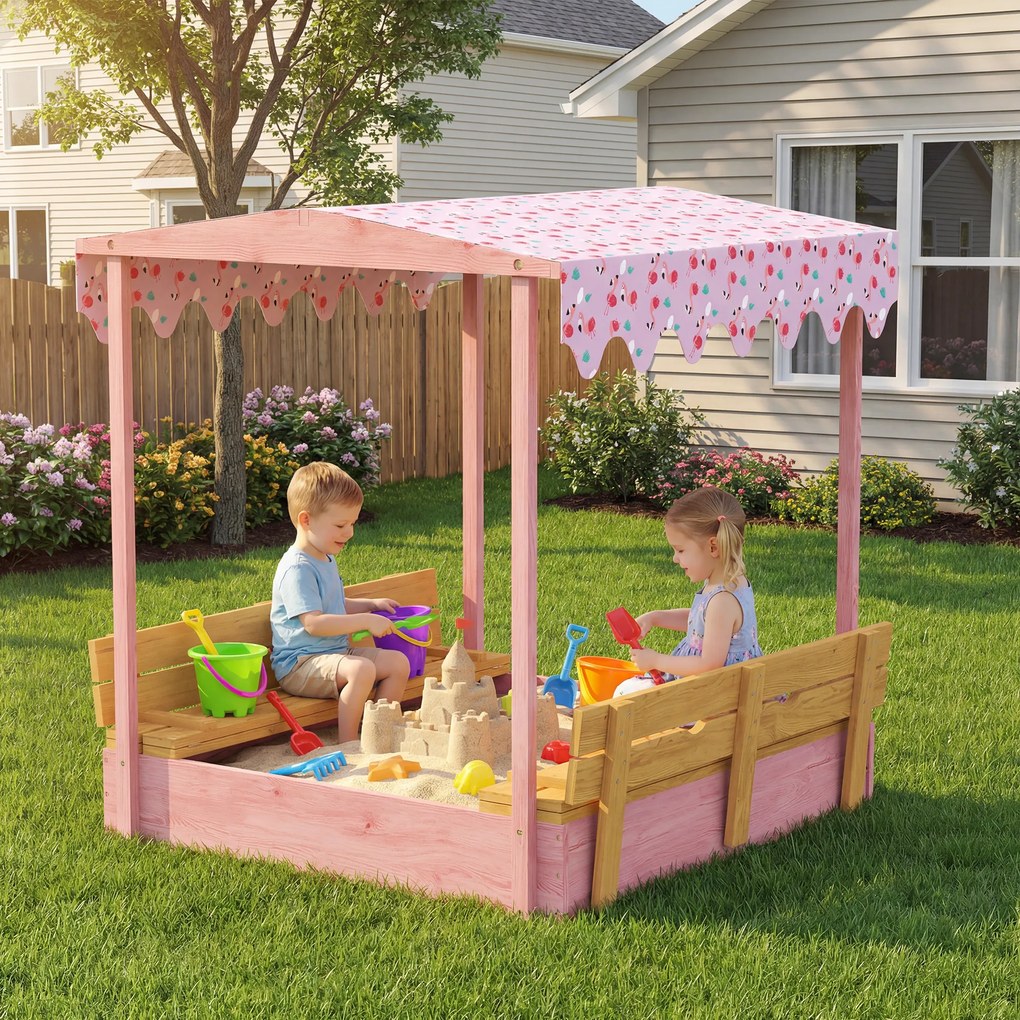AIYAPLAY Ladă de Nisip pentru Copii 3-6 Ani cu Acoperiș cu Flamingo, Scaune Pliabile, Capac și Husă Incluse, Ladă de Joacă din Lemn de Brad, 134,5x127,5x130 cm, Roz | Aosom Romania