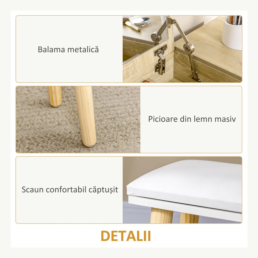 Masa de toaleta cu oglinda glisanta scaun tapitat 2 sertare 5 compartimente de depozitare pentru casa 100x45x118cm Lemn HOMCOM | Aosom RO