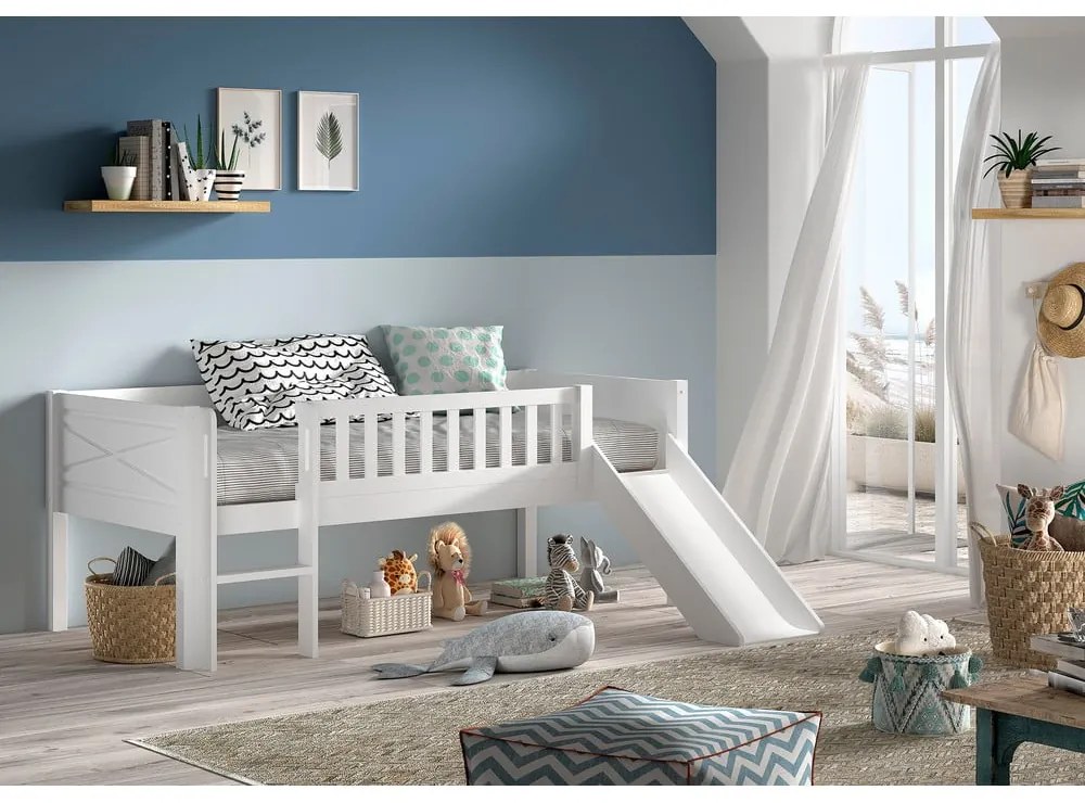 Pat pentru copii alb înalt din lemn de pin cu somieră 90x200 cm Scott – Vipack