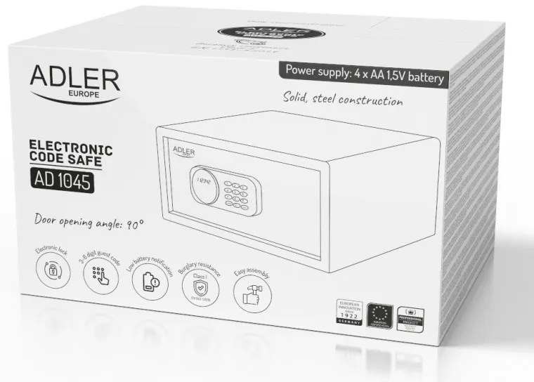 Seif electronic Adler AD 1045, 200x420x370 mm, 14 l, Blocare după 4 încercări greșite, Avertizare baterie descărcată, Negru