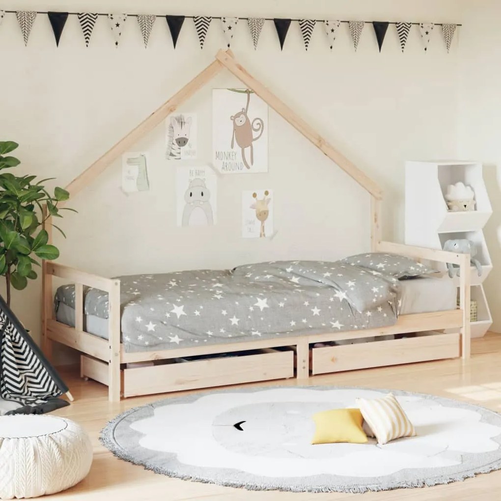 Cadru pat copii cu sertare, 80x200 cm, lemn masiv de pin