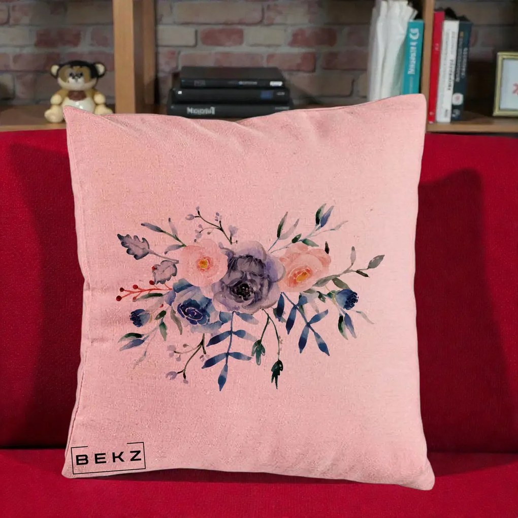 Perna Decorativa Buchet Flori Albastre Acuarela, 40x40 cm, Roz, Husa Detasabila, Perna Inclusa, BEKZ®