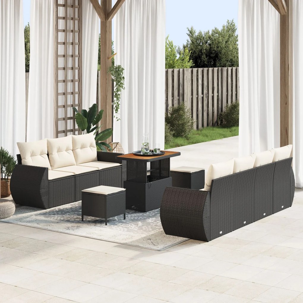 vidaXL Set canapea de grădină cu 10 piese și perne, Negru, Rattan Poly, Acacia