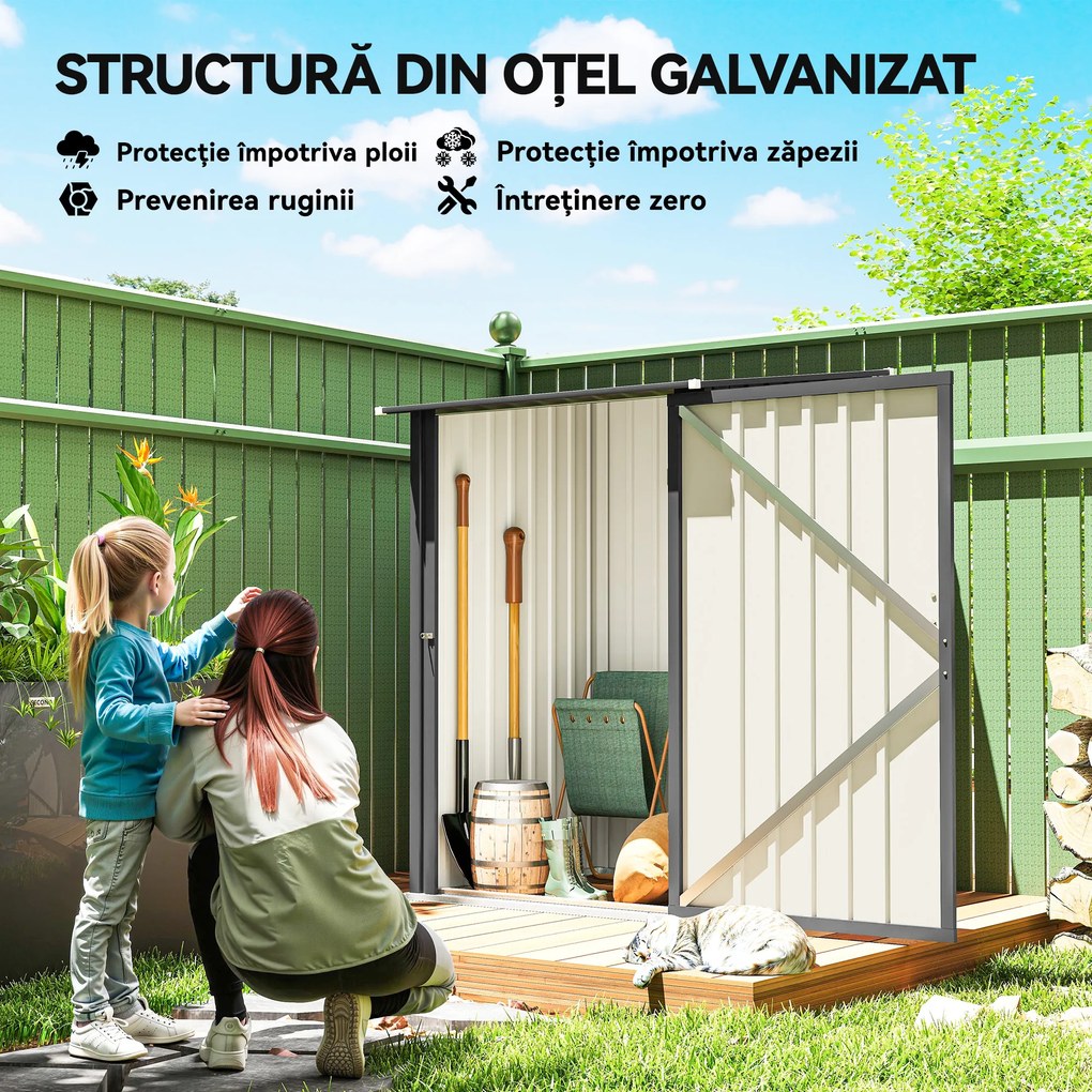 Outsunny Căsuță de Grădină 0,92m² din Oțel Galvanizat, Depozit pentru Unelte cu Ușă Blocabilă și Acoperiș Înclinat, 100x104x160 cm, Gri Închis | Aosom Romania