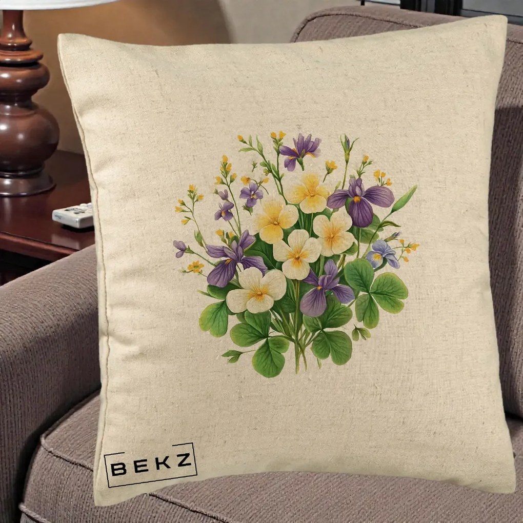 Perna Decorativa Viorele Iris Violet si Trifoi, 40x40 cm, Bej, Husa Detasabila, Perna Inclusa, BEKZ®