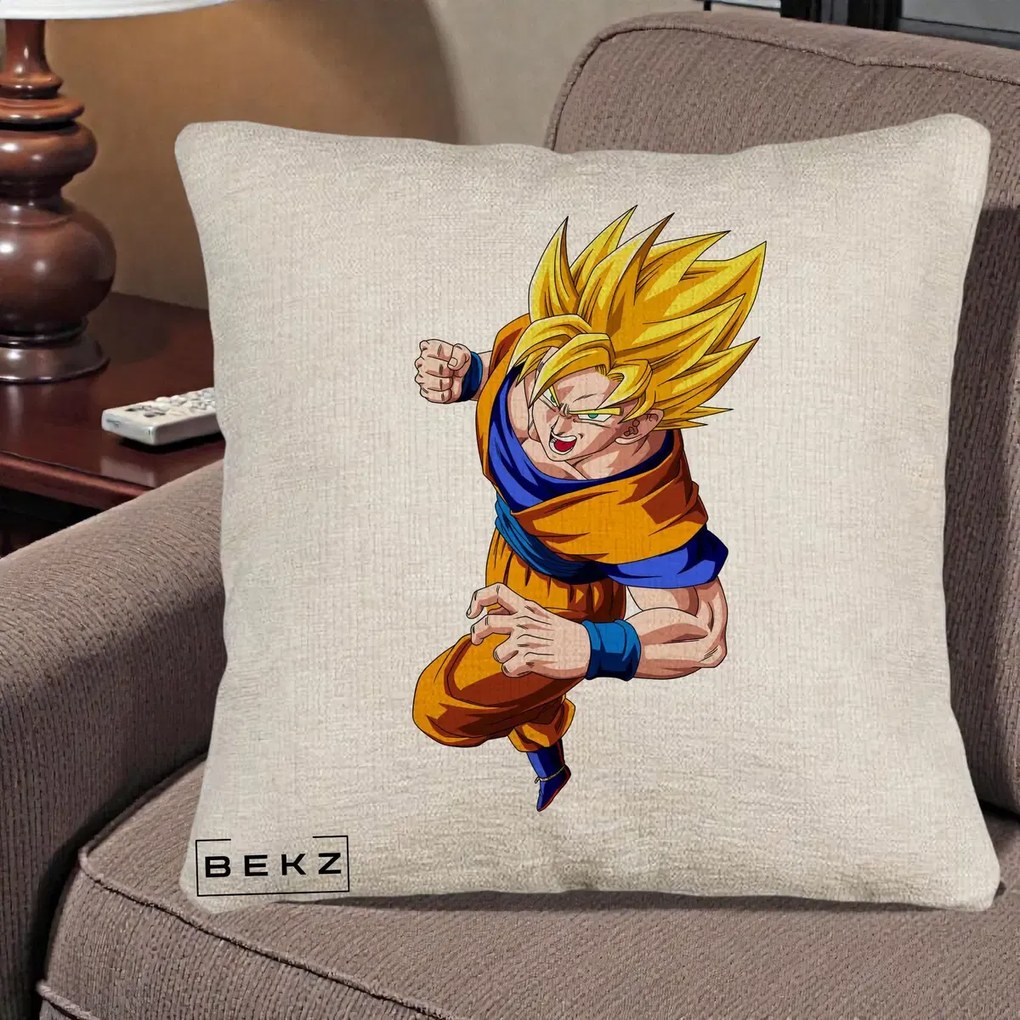 Perna Personalizata Dragon Ball Goku Super Saiyan 2 Lupta, 40x40 cm, Bej Canapea, Husa Detasabila, Perna Inclusa, BEKZ®