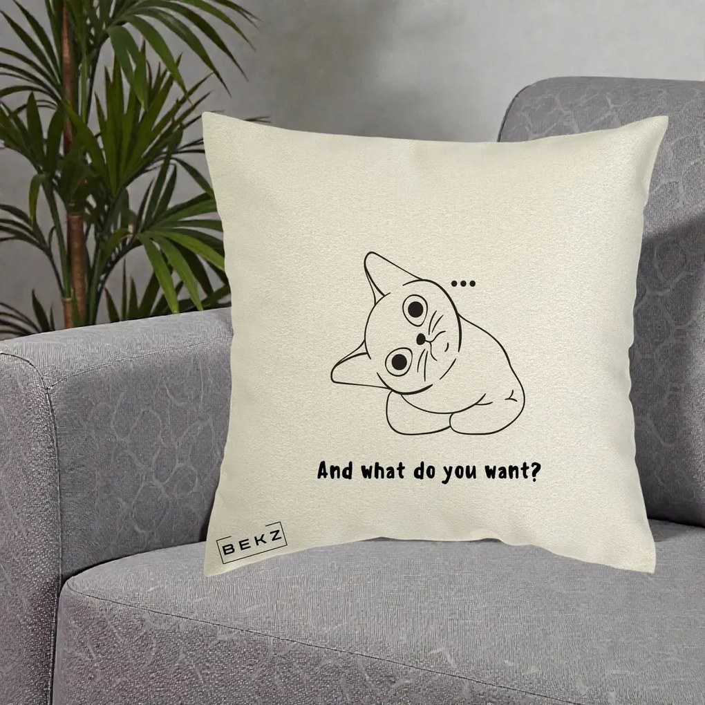 Perna Decorativa And What Do You Want Cat, 40x40 cm, Ecru, Husa Detasabila, Perna Inclusa, BEKZ®