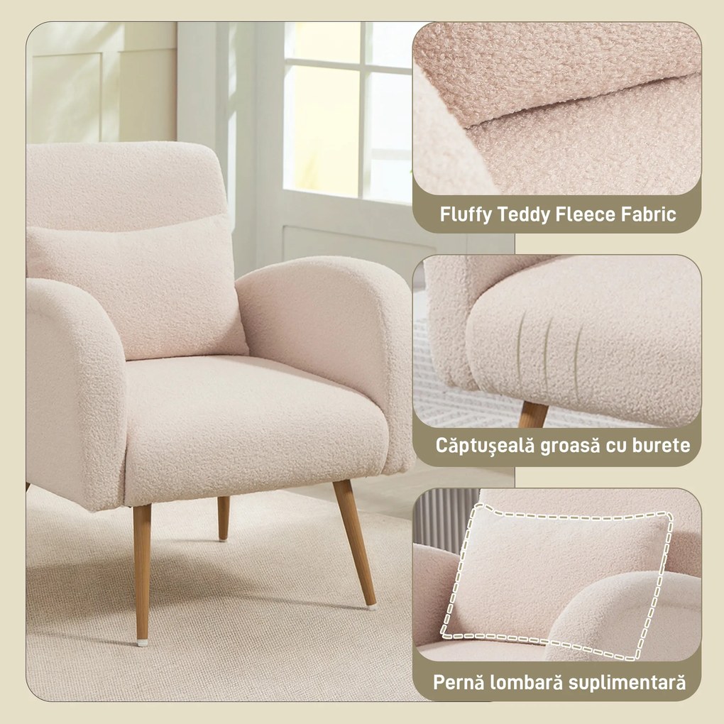 HOMCOM Fotoliu pentru Sufragerie Captusit, Fotoliu de Cameră în Material Teddy cu Pernă Lombardă, Fotoliu de Lectură cu Picioare cu Efect de Lemn din Metal pentru Sufragerie și Birou, 77x77x83 cm, Bej | Aosom Romania