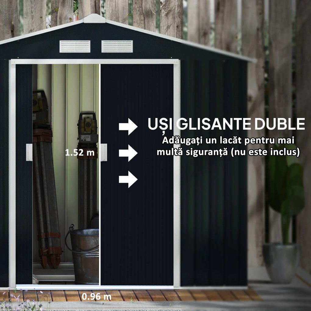 Outsunny Casuta de Gradina, Magazie de Depozitare, sopron pentru Unelte din Tabla de Otel, cu Usi glisante, Gri | Aosom Romania