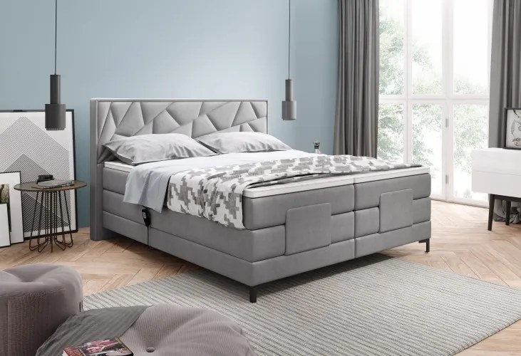 Pat tapitat cu stofa, cu reglaj electric Hola Boxspring Gri deschis, topper inclus, 200 x 180 cm