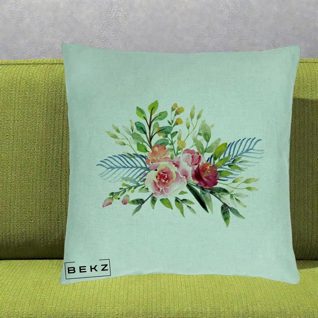 Perna Decorativa Buchet Flori Acuarela Roz-Verde, 40x40 cm, Verde Menta, Husa Detasabila, Perna Inclusa, BEKZ®