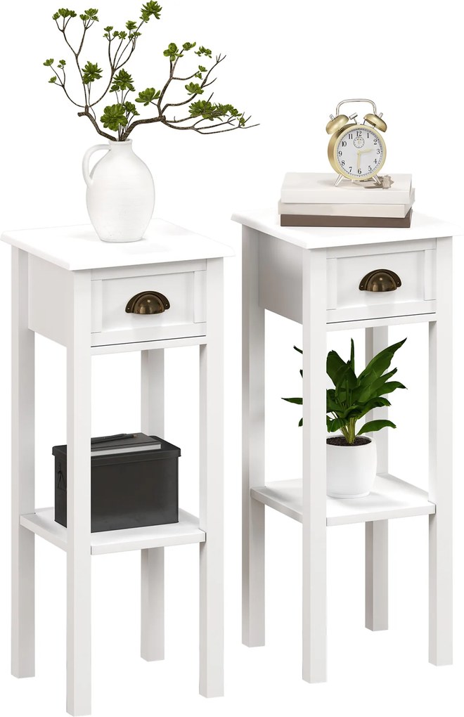 HOMCOM Set de 2 măsuțe laterale Masă de noptieră stil sofisticat cu sertar, etajeră inferioară, 30 x 30 x 75 cm, alb | Aosom Romania