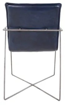 Scaun dining, albastru, din piele naturala si metal, Saint-Tropez