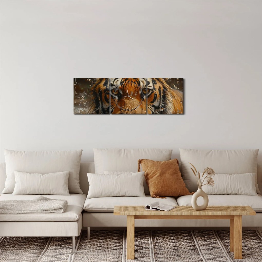 Tablou - Portret de tigru în apă (cu ceas) (90x30 cm)