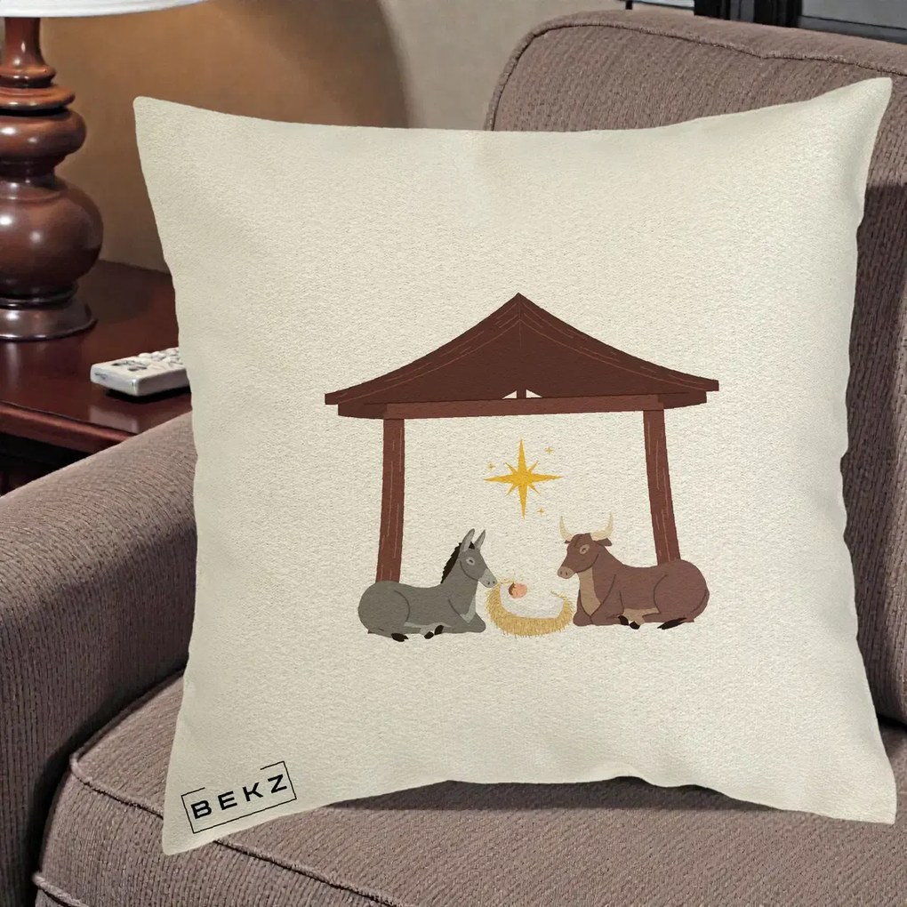 Perna Decorativa Ieslea din Betleem cu Iesle Asin si Bou, 40x40 cm, Ecru, Husa Detasabila, Perna Inclusa, BEKZ®