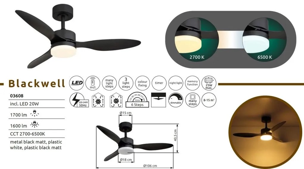 Lustra LED cu ventilator si telecomanda BLACKWELL