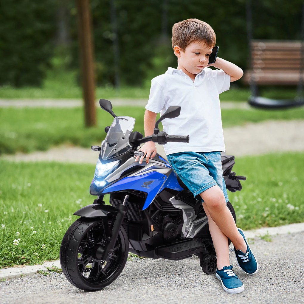 AIYAPLAY Motocicletă Electrică Copii, Licențiată Honda, Faruri Roți Antrenament, Albastră | Aosom Romania
