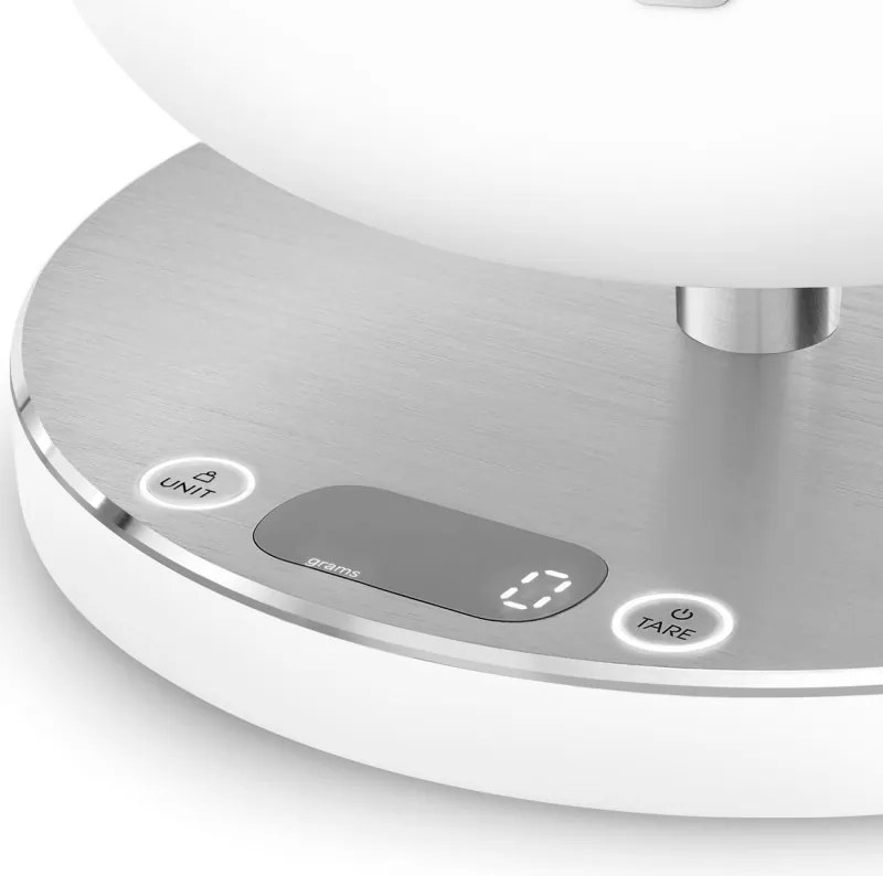 Cantar de bucatarie Smeg Collezione KSC01WHMWW, Pana la 5 kg/5 l, funcție TARA, Afisaj LED, Baza antiderapanta, Baterie reincarcabila, Alb mat