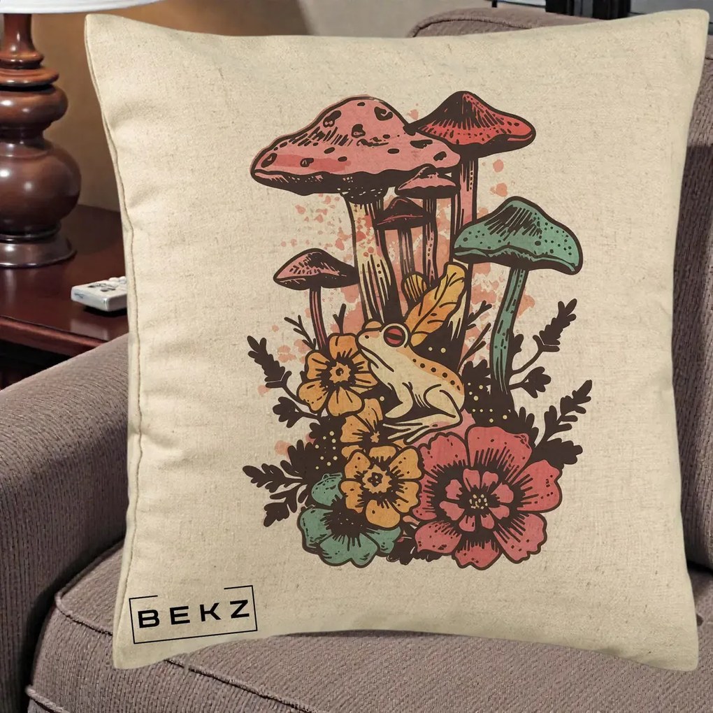 Perna Decorativa Ciuperci si Broaste Boho, 40x40 cm, Bej, Husa Detasabila, Perna Inclusa, BEKZ®