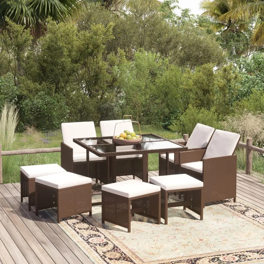vidaXL Set mobilier de grădină cu perne, 9 piese, maro, poliratan