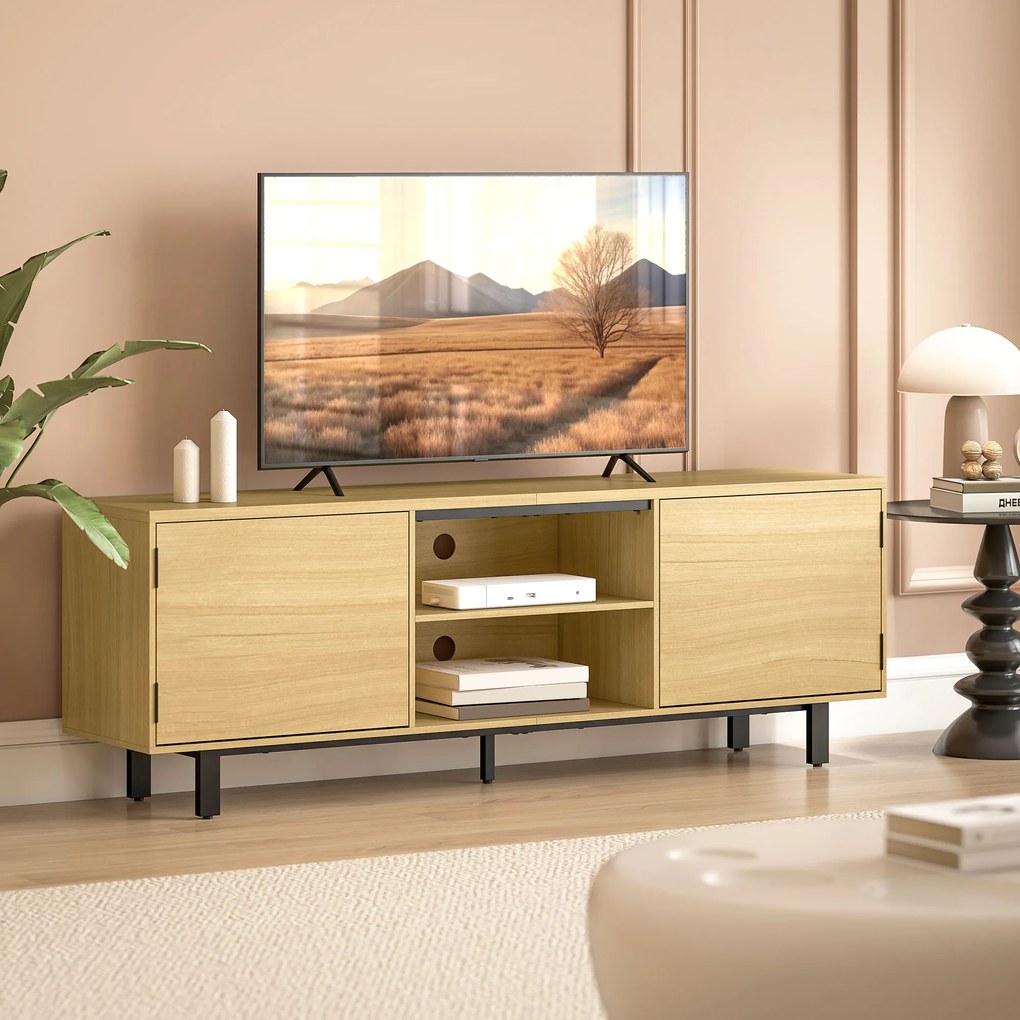 HOMCOM Comodă TV, mobilier TV până la 165 cm, 2 uși cu deschidere prin apăsare și 2 rafturi, 160x35x55,5cm, lemn natural | Aosom Romania