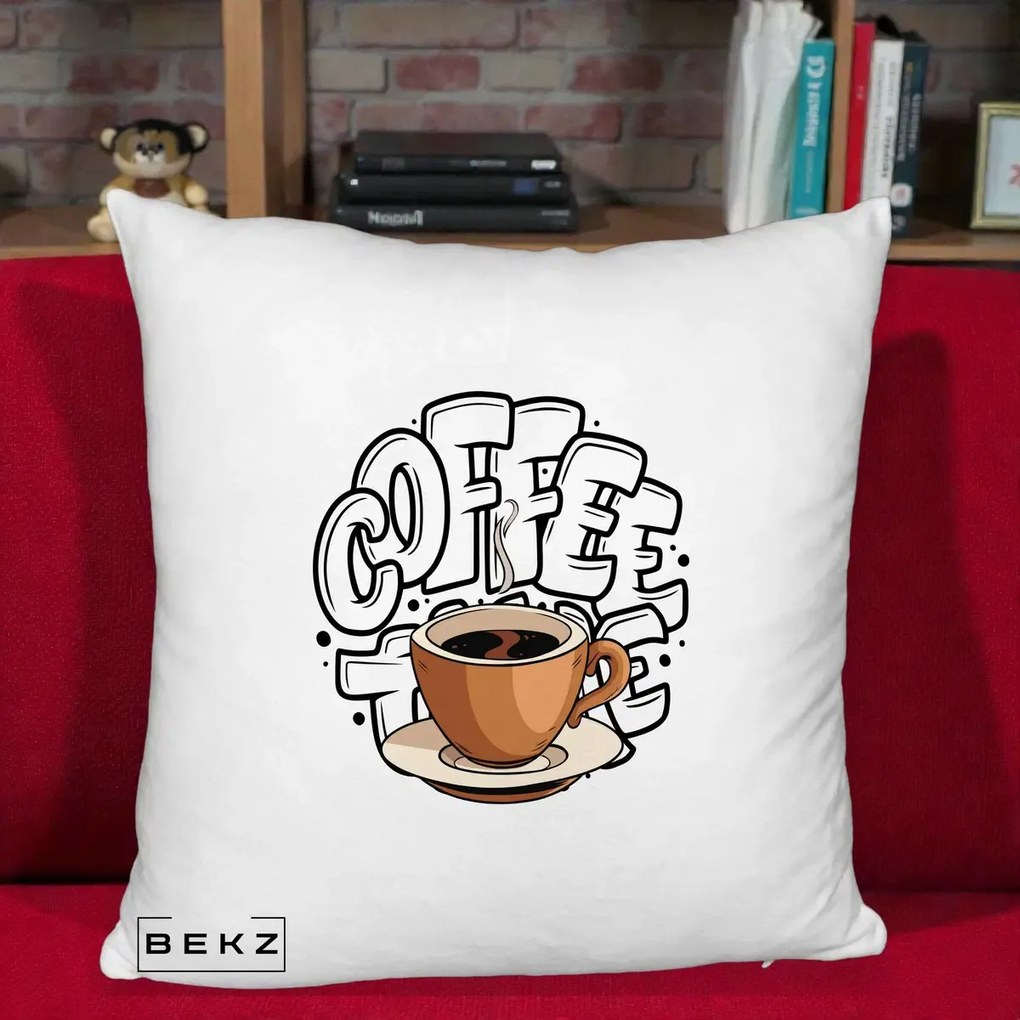 Perna Personalizata COFFEE cu Cana, 40x40 cm, Alb Pufos, Husa Detasabila, Perna Inclusa, BEKZ®
